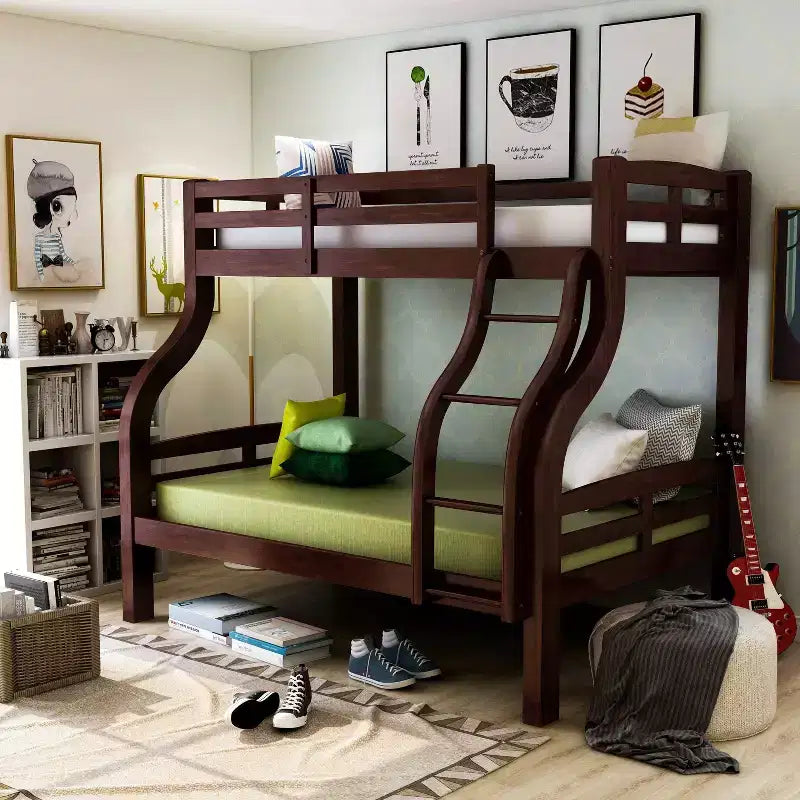 Letto a castello per bambini Lombardi, misura doppia/matrimoniale, in noce scuro - : Struttura in legno, scaletta integrata, sponde di sicurezza
