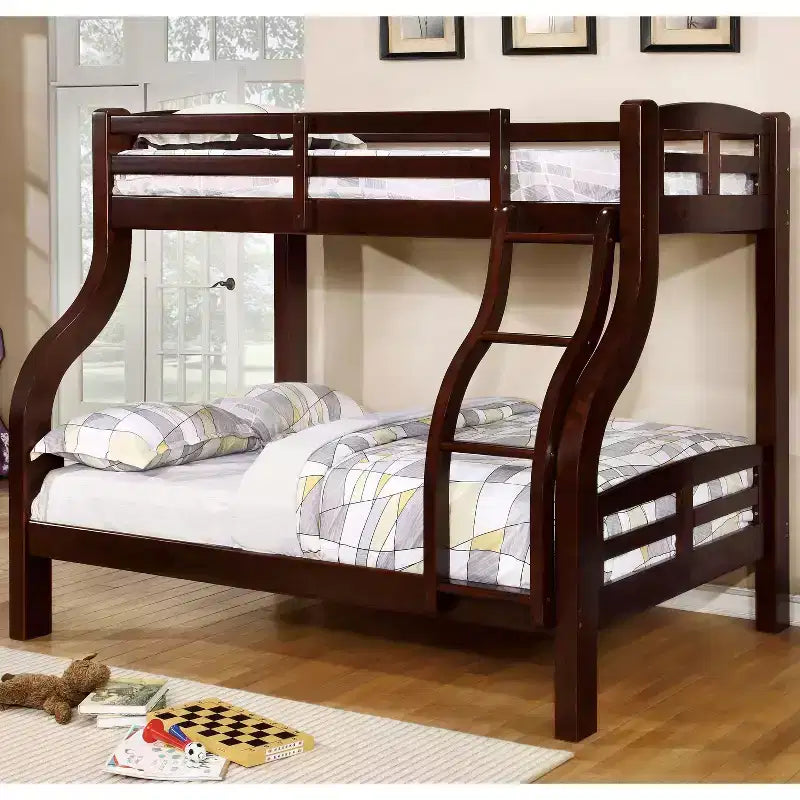 Letto a castello per bambini Lombardi, misura doppia/matrimoniale, in noce scuro - : Struttura in legno, scaletta integrata, sponde di sicurezza