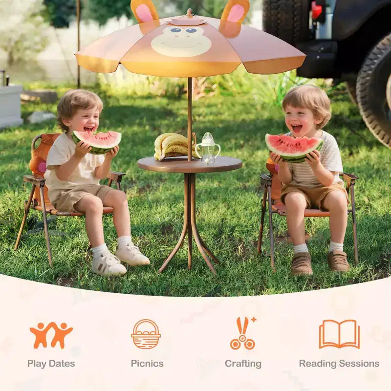 Costway Tavolo da Picnic e Sedie per Bambini con 2 Sedie Pieghevoli e Ombrellone Regolabile in Altezza Marrone/Verde/Rosa