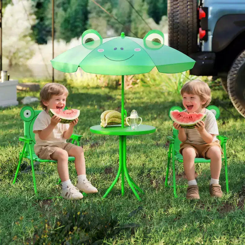 Costway Tavolo da Picnic e Sedie per Bambini con 2 Sedie Pieghevoli e Ombrellone Regolabile in Altezza Marrone/Verde/Rosa