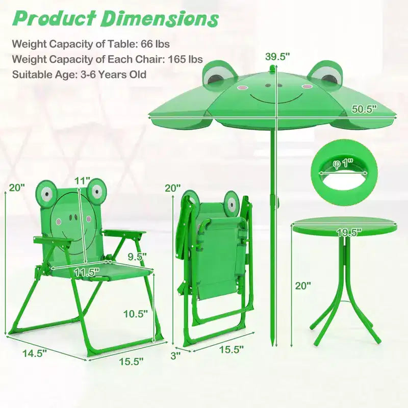 Costway Tavolo da Picnic e Sedie per Bambini con 2 Sedie Pieghevoli e Ombrellone Regolabile in Altezza Marrone/Verde/Rosa