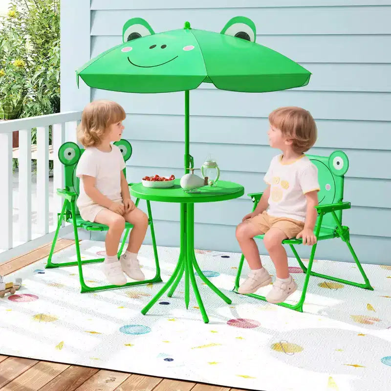 Costway Tavolo da Picnic e Sedie per Bambini con 2 Sedie Pieghevoli e Ombrellone Regolabile in Altezza Marrone/Verde/Rosa
