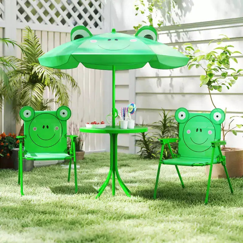 Costway Tavolo da Picnic e Sedie per Bambini con 2 Sedie Pieghevoli e Ombrellone Regolabile in Altezza Marrone/Verde/Rosa