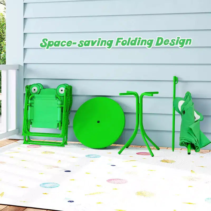 Costway Tavolo da Picnic e Sedie per Bambini con 2 Sedie Pieghevoli e Ombrellone Regolabile in Altezza Marrone/Verde/Rosa