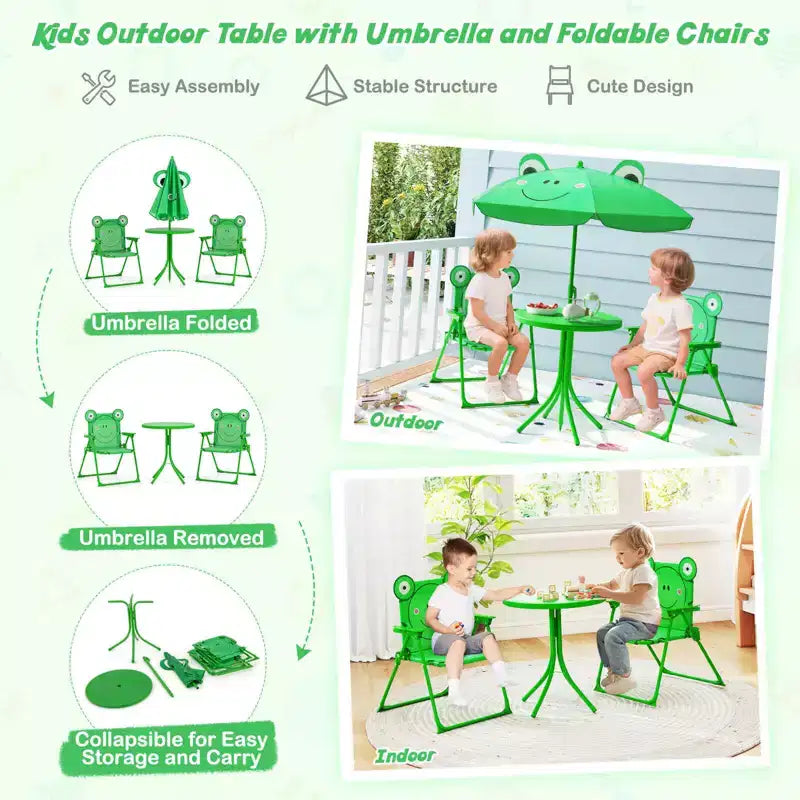 Costway Tavolo da Picnic e Sedie per Bambini con 2 Sedie Pieghevoli e Ombrellone Regolabile in Altezza Marrone/Verde/Rosa