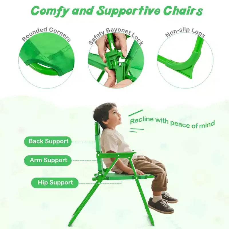 Costway Tavolo da Picnic e Sedie per Bambini con 2 Sedie Pieghevoli e Ombrellone Regolabile in Altezza Marrone/Verde/Rosa