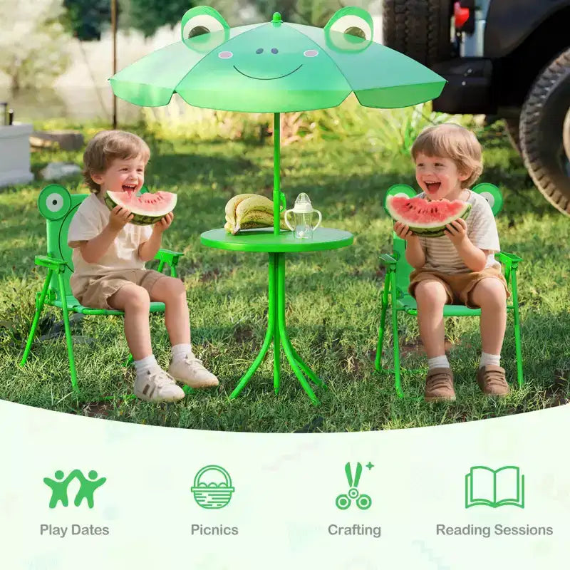 Costway Tavolo da Picnic e Sedie per Bambini con 2 Sedie Pieghevoli e Ombrellone Regolabile in Altezza Marrone/Verde/Rosa