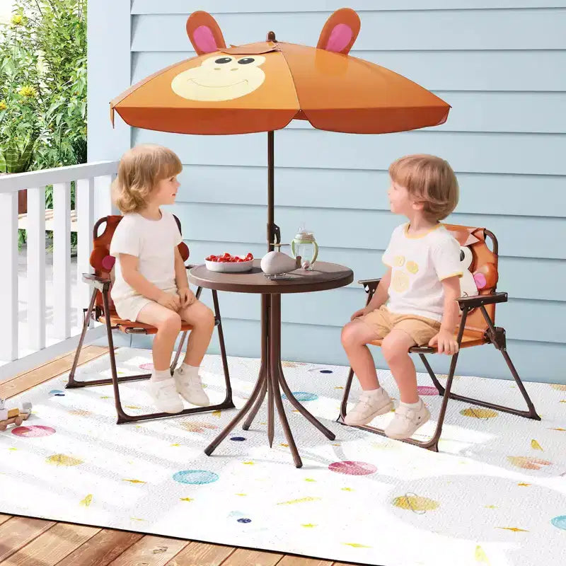 Costway Tavolo da Picnic e Sedie per Bambini con 2 Sedie Pieghevoli e Ombrellone Regolabile in Altezza Marrone/Verde/Rosa