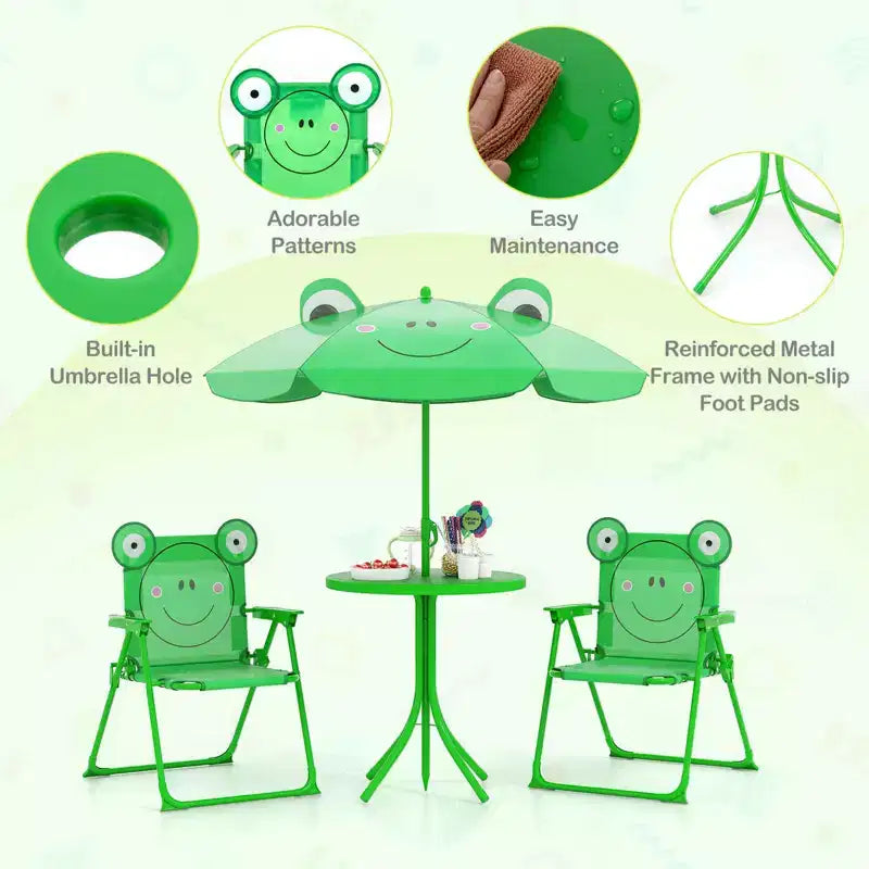 Costway Tavolo da Picnic e Sedie per Bambini con 2 Sedie Pieghevoli e Ombrellone Regolabile in Altezza Marrone/Verde/Rosa