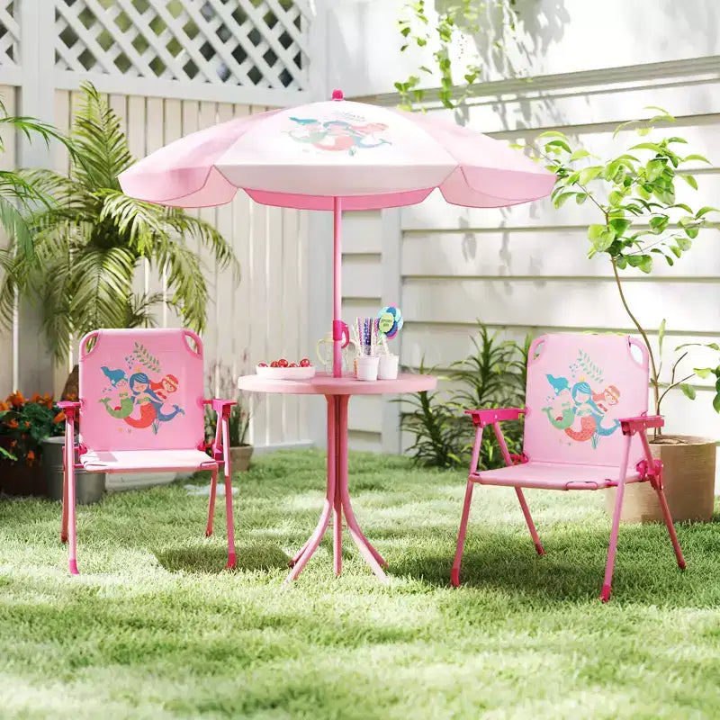Costway Tavolo da Picnic e Sedie per Bambini con 2 Sedie Pieghevoli e Ombrellone Regolabile in Altezza Marrone/Verde/Rosa