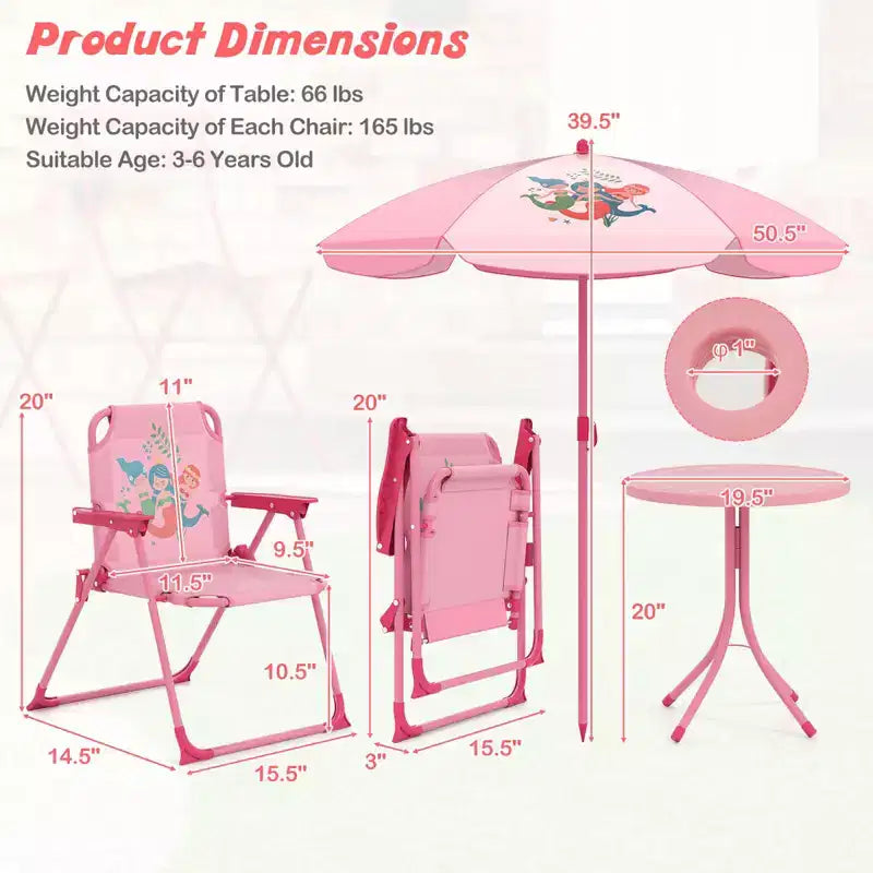 Costway Tavolo da Picnic e Sedie per Bambini con 2 Sedie Pieghevoli e Ombrellone Regolabile in Altezza Marrone/Verde/Rosa