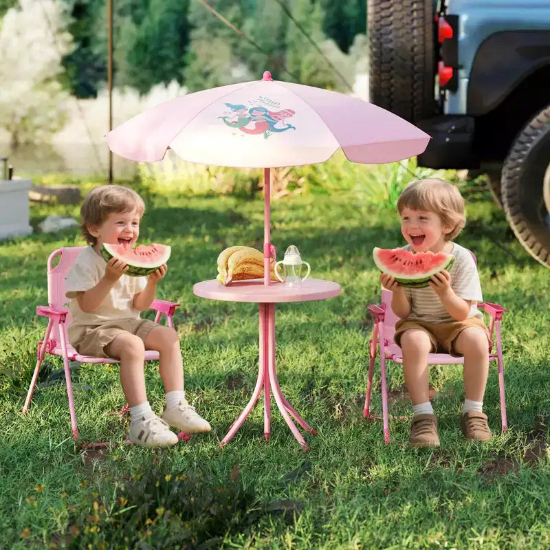 Costway Tavolo da Picnic e Sedie per Bambini con 2 Sedie Pieghevoli e Ombrellone Regolabile in Altezza Marrone/Verde/Rosa