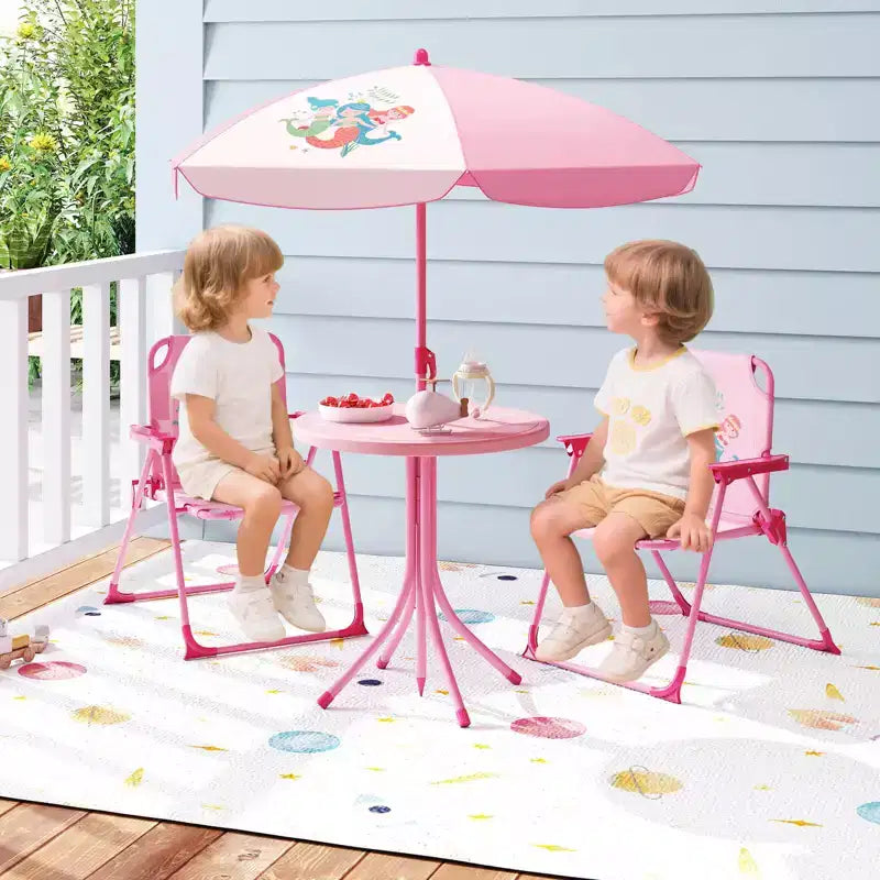 Costway Tavolo da Picnic e Sedie per Bambini con 2 Sedie Pieghevoli e Ombrellone Regolabile in Altezza Marrone/Verde/Rosa