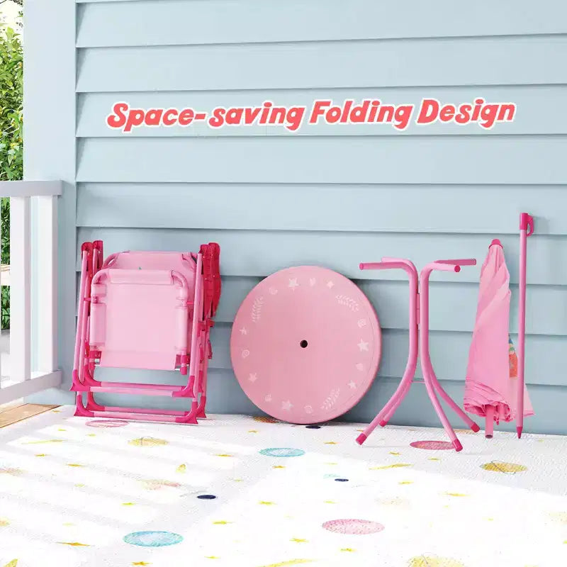 Costway Tavolo da Picnic e Sedie per Bambini con 2 Sedie Pieghevoli e Ombrellone Regolabile in Altezza Marrone/Verde/Rosa