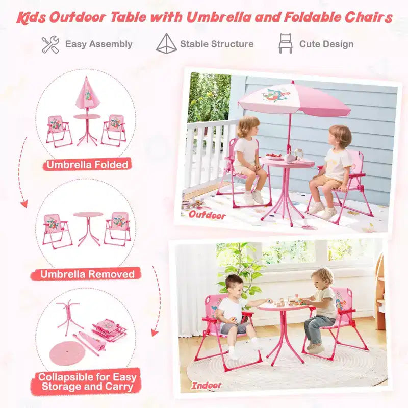 Costway Tavolo da Picnic e Sedie per Bambini con 2 Sedie Pieghevoli e Ombrellone Regolabile in Altezza Marrone/Verde/Rosa