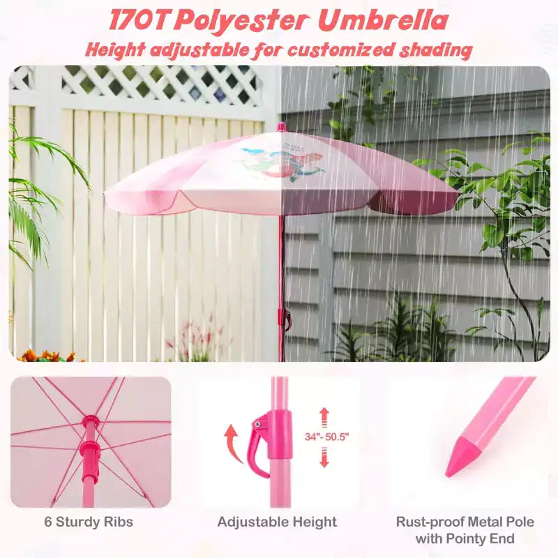 Costway Tavolo da Picnic e Sedie per Bambini con 2 Sedie Pieghevoli e Ombrellone Regolabile in Altezza Marrone/Verde/Rosa