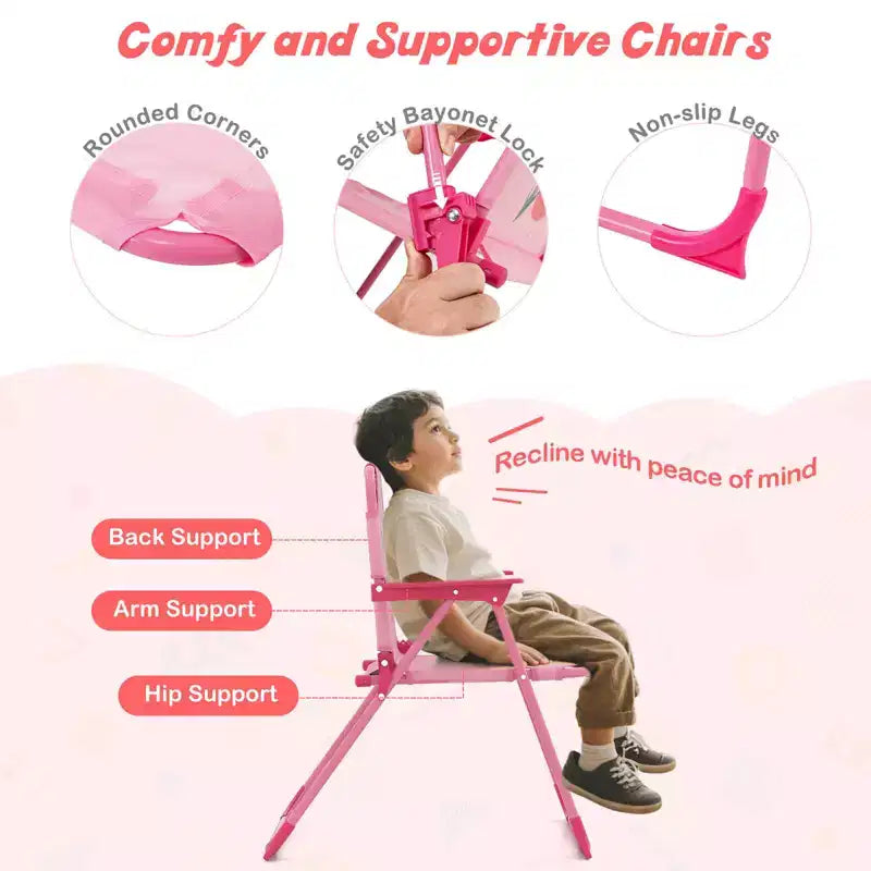 Costway Tavolo da Picnic e Sedie per Bambini con 2 Sedie Pieghevoli e Ombrellone Regolabile in Altezza Marrone/Verde/Rosa