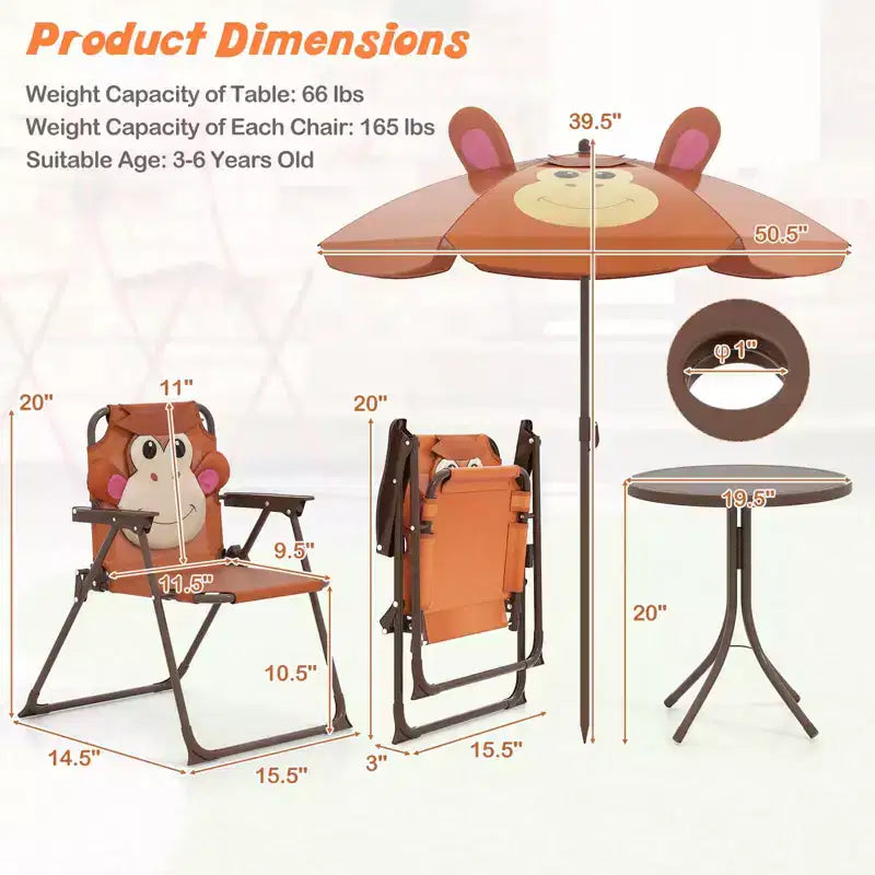 Costway Tavolo da Picnic e Sedie per Bambini con 2 Sedie Pieghevoli e Ombrellone Regolabile in Altezza Marrone/Verde/Rosa