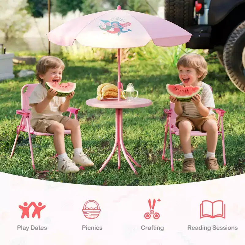 Costway Tavolo da Picnic e Sedie per Bambini con 2 Sedie Pieghevoli e Ombrellone Regolabile in Altezza Marrone/Verde/Rosa