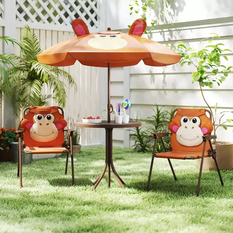 Costway Tavolo da Picnic e Sedie per Bambini con 2 Sedie Pieghevoli e Ombrellone Regolabile in Altezza Marrone/Verde/Rosa