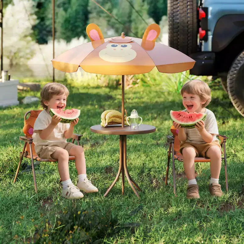 Costway Tavolo da Picnic e Sedie per Bambini con 2 Sedie Pieghevoli e Ombrellone Regolabile in Altezza Marrone/Verde/Rosa