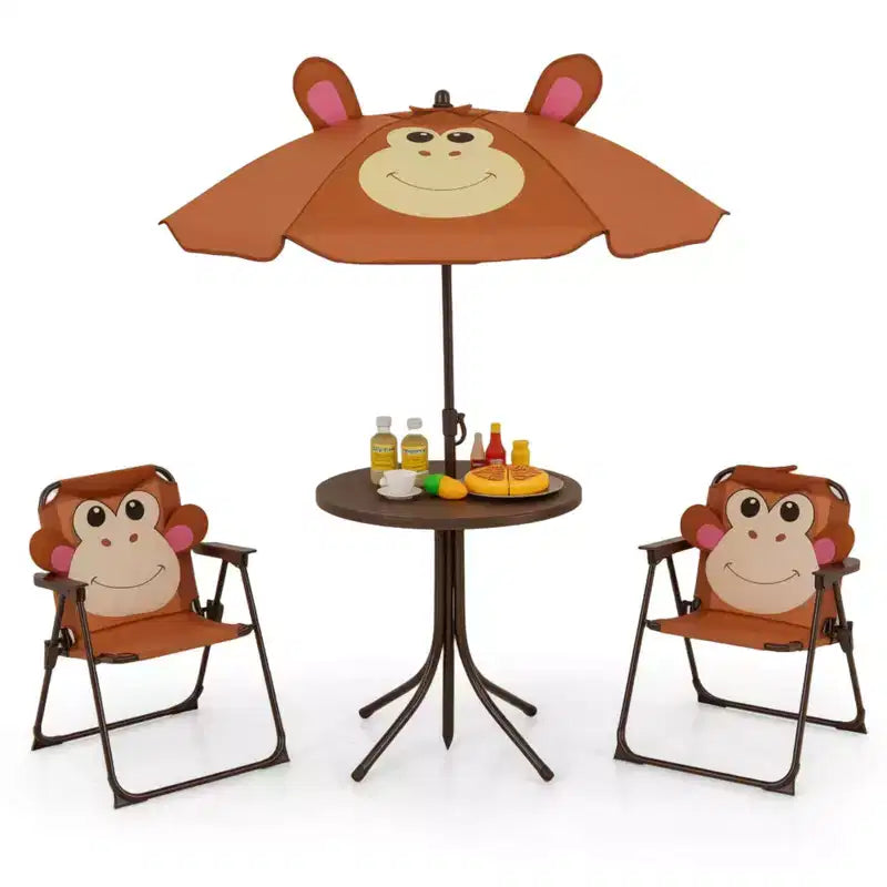 Costway Kids Picnic Table & Chair Set with 2 Folding Chairs & Height Adjustable Umbrella Brown/Green/Pink