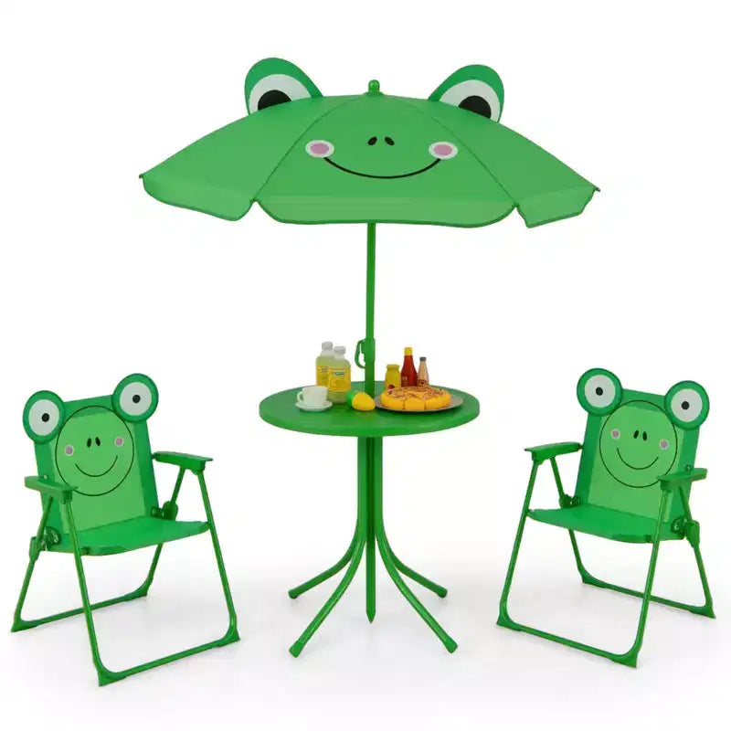 Costway Tavolo da Picnic e Sedie per Bambini con 2 Sedie Pieghevoli e Ombrellone Regolabile in Altezza Marrone/Verde/Rosa