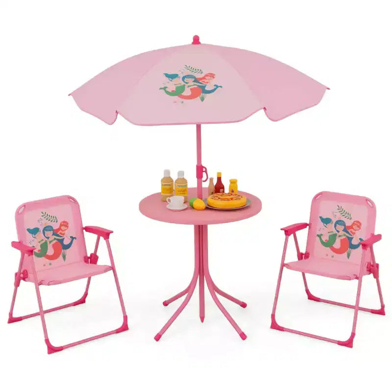 Costway Tavolo da Picnic e Sedie per Bambini con 2 Sedie Pieghevoli e Ombrellone Regolabile in Altezza Marrone/Verde/Rosa