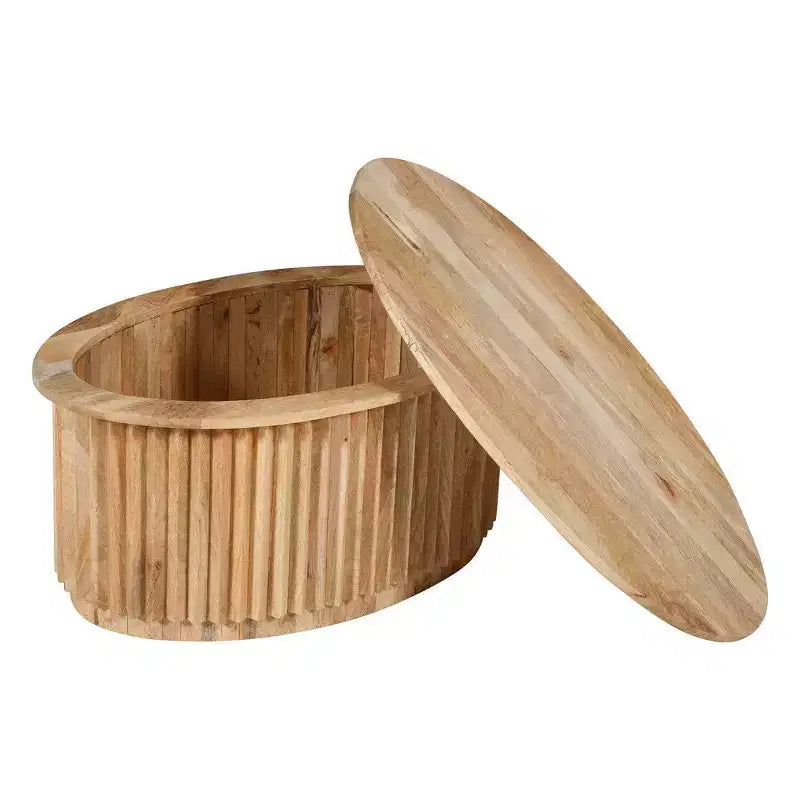 Tavolino da Caffè Rotondo Royal Hampton, Piano Ovale in Legno di Mango Lavorato Artigianalmente, Base Scanalata con Vano Nascosto, 91 cm -