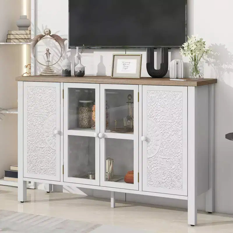 MAYEERTY Mobile Porta TV, Credenza Multimediale con 3 Spaziose Ante in Vetro, Dispositivo Antiribaltamento, per Soggiorno