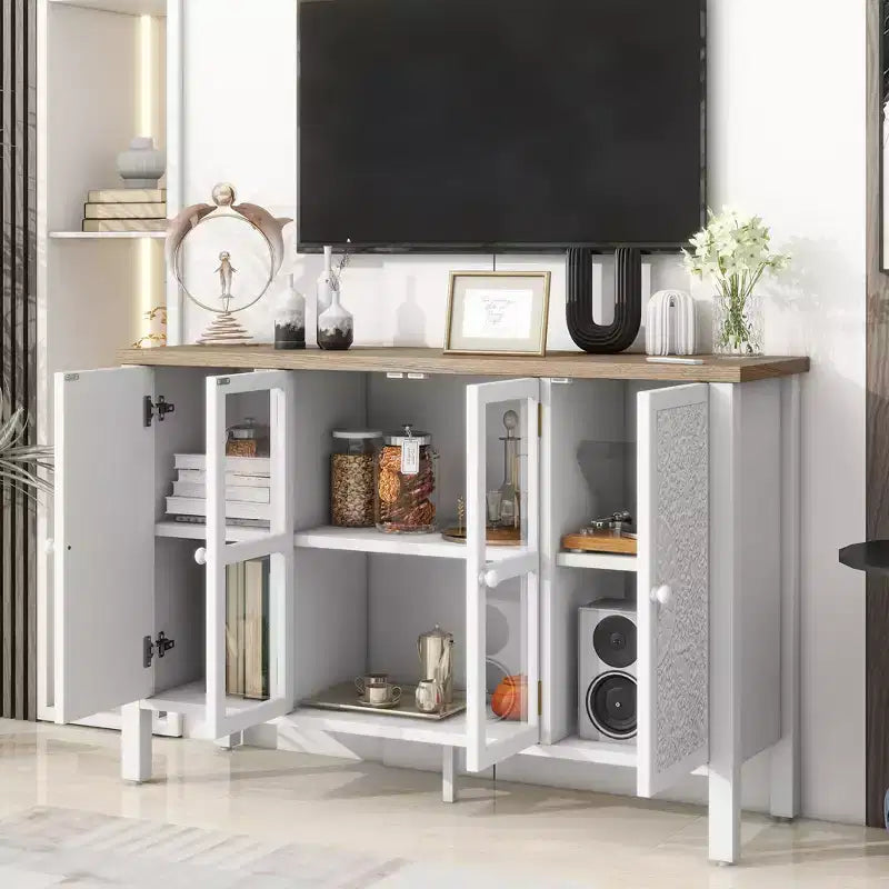 MAYEERTY Mobile Porta TV, Credenza Multimediale con 3 Spaziose Ante in Vetro, Dispositivo Antiribaltamento, per Soggiorno