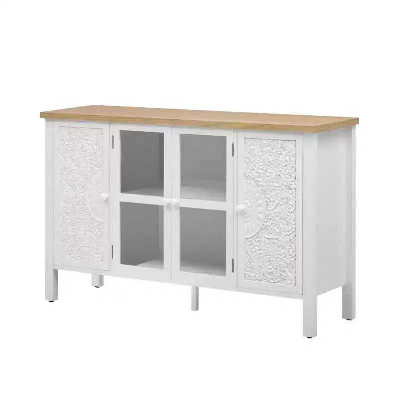 MAYEERTY Mobile Porta TV, Credenza Multimediale con 3 Spaziose Ante in Vetro, Dispositivo Antiribaltamento, per Soggiorno