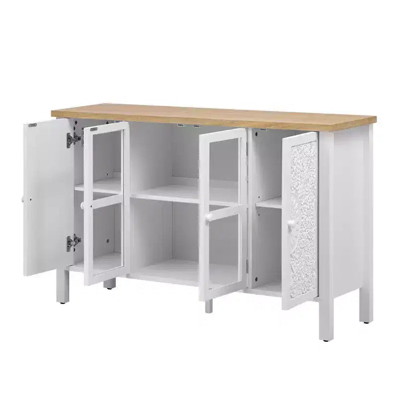 MAYEERTY Mobile Porta TV, Credenza Multimediale con 3 Spaziose Ante in Vetro, Dispositivo Antiribaltamento, per Soggiorno