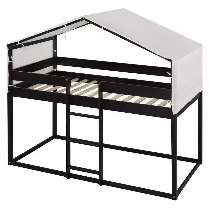 CLIHOME Rustic Twin Over Twin Wood Bunk Bed Frame with Tent and Ladder