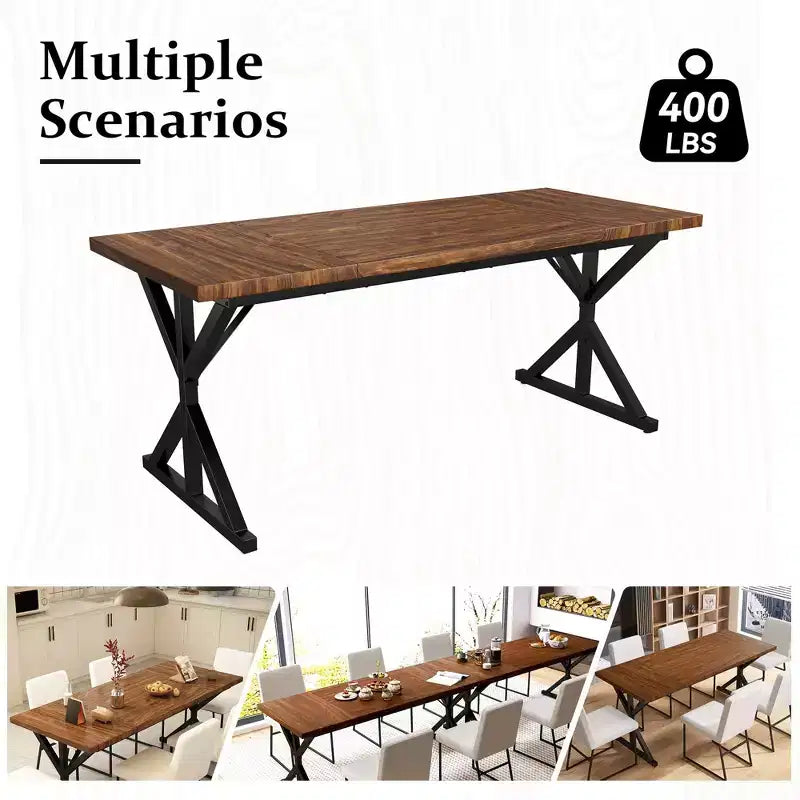 Tavolo da pranzo industriale da 180 cm per 6-8 persone, piano in legno massello con struttura in metallo, tavolo rettangolare per cucina e sala da pranzo