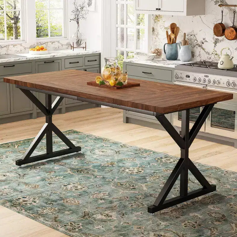 Tavolo da pranzo industriale da 180 cm per 6-8 persone, piano in legno massello con struttura in metallo, tavolo rettangolare per cucina e sala da pranzo