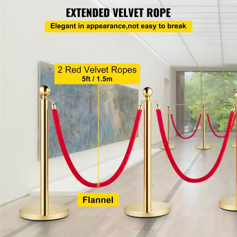 Transenna VEVOR, Set di 4 Transenne, Set di Transenne con Cordone in Velluto Rosso da 1,5 m, Barriera di Controllo della Folla, Oro