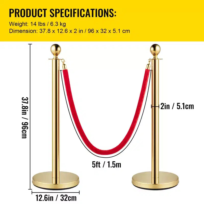 Transenna VEVOR, Set di 4 Transenne, Set di Transenne con Cordone in Velluto Rosso da 1,5 m, Barriera di Controllo della Folla, Oro