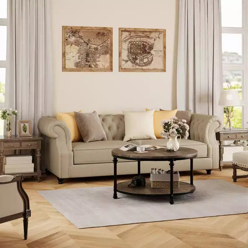 Tavolino da caffè rotondo in legno a 2 ripiani stile rustico, per soggiorno,