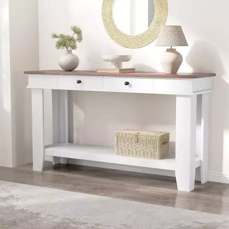 Tavolo consolle lungo 137 cm, tavolo da ingresso in legno con 2 cassetti e ripiano aperto, tavolo da atrio per ingresso, corridoio, soggiorno