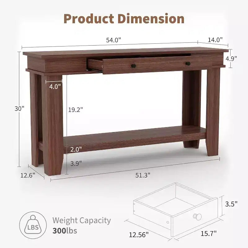 Tavolo consolle lungo 137 cm, tavolo da ingresso in legno con 2 cassetti e ripiano aperto, tavolo da atrio per ingresso, corridoio, soggiorno