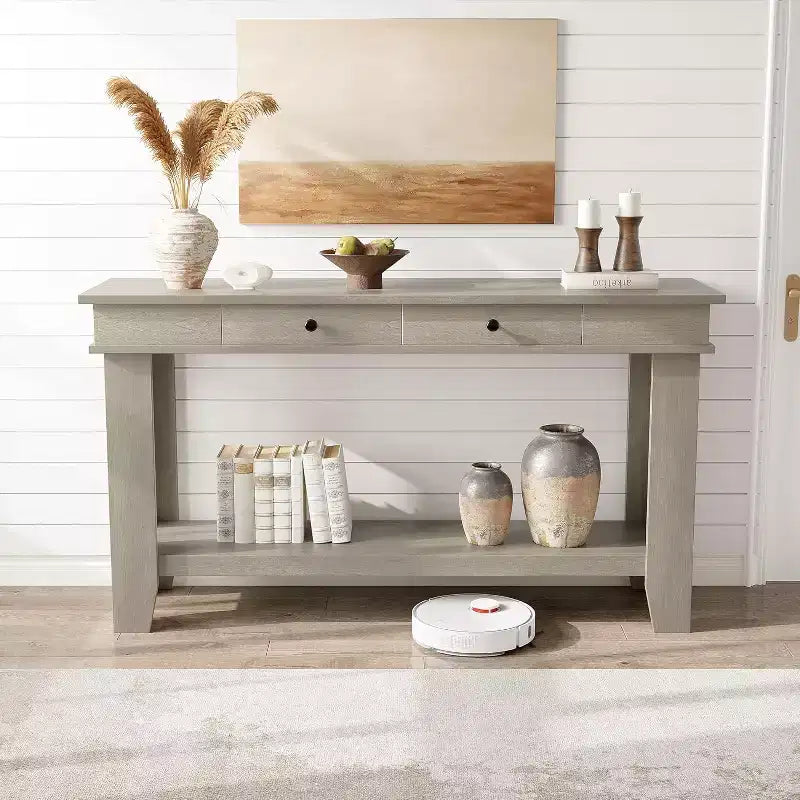 Tavolo consolle lungo 137 cm, tavolo da ingresso in legno con 2 cassetti e ripiano aperto, tavolo da atrio per ingresso, corridoio, soggiorno