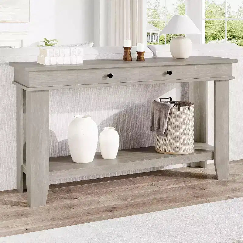 Tavolo consolle lungo 137 cm, tavolo da ingresso in legno con 2 cassetti e ripiano aperto, tavolo da atrio per ingresso, corridoio, soggiorno
