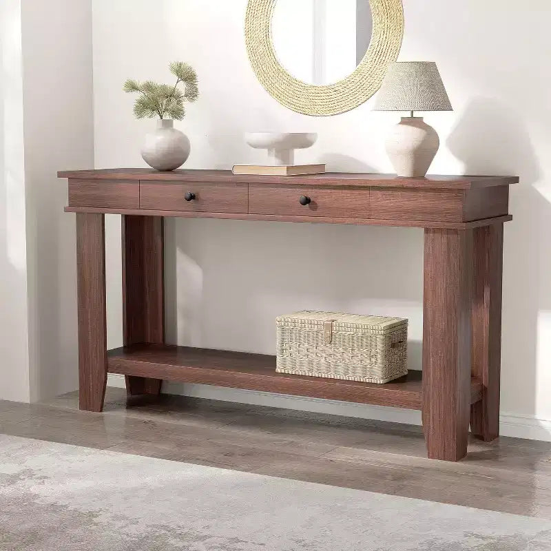 Tavolo consolle lungo 137 cm, tavolo da ingresso in legno con 2 cassetti e ripiano aperto, tavolo da atrio per ingresso, corridoio, soggiorno