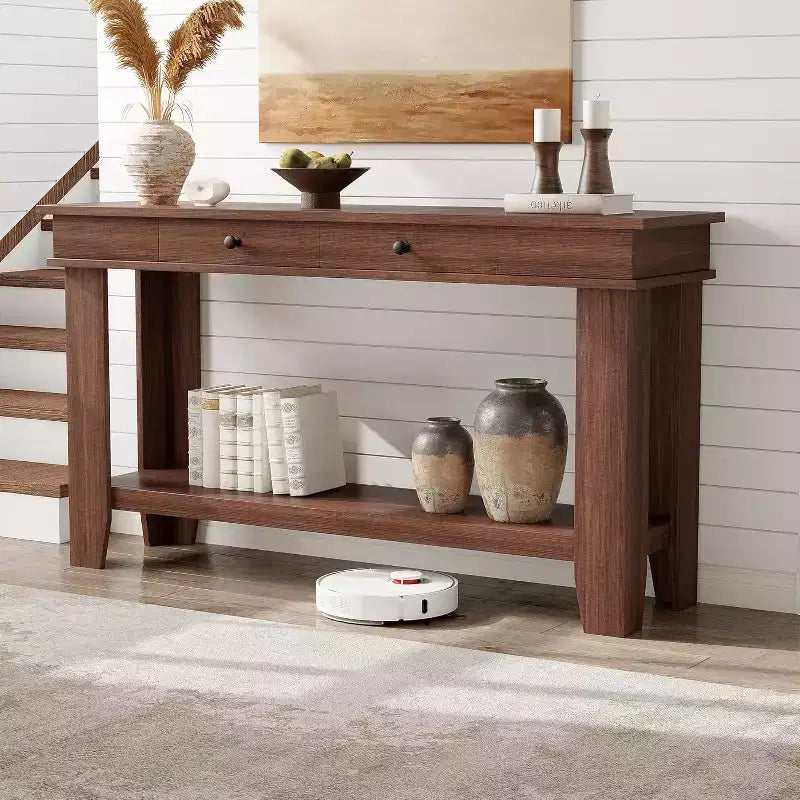 Tavolo consolle lungo 137 cm, tavolo da ingresso in legno con 2 cassetti e ripiano aperto, tavolo da atrio per ingresso, corridoio, soggiorno