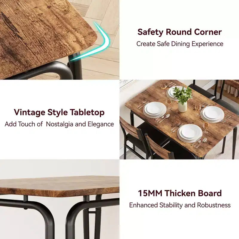 Set da Pranzo da 5 Pezzi, Set da Tavolo da Pranzo per Cucina per 4, Tavolo Quadrato, Struttura in Metallo, Pannello in MDF, Sedie Imbottite, Facile Montaggio, per la Casa