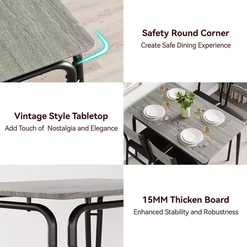 Set da Pranzo da 5 Pezzi, Set da Tavolo da Pranzo per Cucina per 4, Tavolo Quadrato, Struttura in Metallo, Pannello in MDF, Sedie Imbottite, Facile Montaggio, per la Casa
