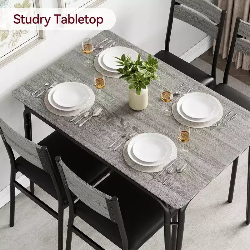Set da Pranzo da 5 Pezzi, Set da Tavolo da Pranzo per Cucina per 4, Tavolo Quadrato, Struttura in Metallo, Pannello in MDF, Sedie Imbottite, Facile Montaggio, per la Casa
