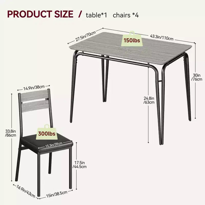 Set da Pranzo da 5 Pezzi, Set da Tavolo da Pranzo per Cucina per 4, Tavolo Quadrato, Struttura in Metallo, Pannello in MDF, Sedie Imbottite, Facile Montaggio, per la Casa