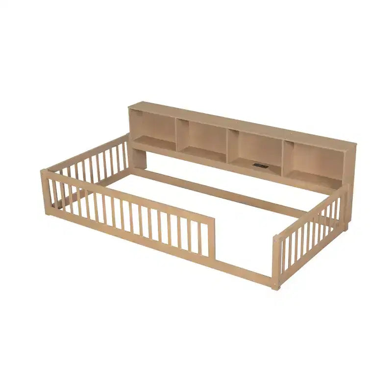Bellemave Letto a terra Twin XL con armadietti e porte di ricarica USB, struttura in legno massello con recinzione semi-chiusa, facile da montare, marrone